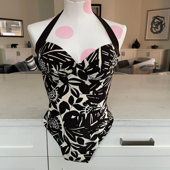 Next One Piece Floral Print Nylon Elastane Swim Suit Chocolate Brn Cream 34B UK - Picture 11 of 11